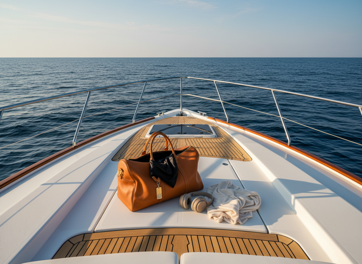 A pristine white yacht bow slicing through deep sapphire water, its polished teak deck gleaming in the afternoon sun. At the center lies a gold-trimmed leather weekender bag in rich caramel, partially unzipped to reveal a glimpse of silky black fabric and a metallic hotel key tag. Next to it, a pair of oversized wireless headphones in matte champagne rests on a folded cashmere throw. Sunlight reflects off the water, creating dancing patterns on the hull and deck. Photographic realism, captured from a low, forward-facing angle that elongates the yacht and emphasizes open sea ahead. The mood is liberating, lavish, and slightly hedonistic, suggesting a spontaneous escape beyond ordinary travel rules.