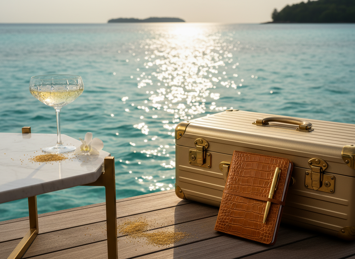 A glimmering champagne-gold vintage suitcase with brass hardware and a crocodile-embossed leather travel journal resting against it, arranged on the private teak deck of an overwater bungalow. Below, turquoise water ripples lazily, catching shards of sunlight. A crystal coupe of chilled champagne stands on a low marble side table beside scattered golden sand and a single white orchid. Late-afternoon golden hour light pours across the scene, casting long, elegant shadows and warm reflections on the suitcase. Photographic realism, shot from a slightly elevated angle using shallow depth of field, with the horizon and distant islands softly blurred to create a mood of sophisticated rebellion and untamed luxury.