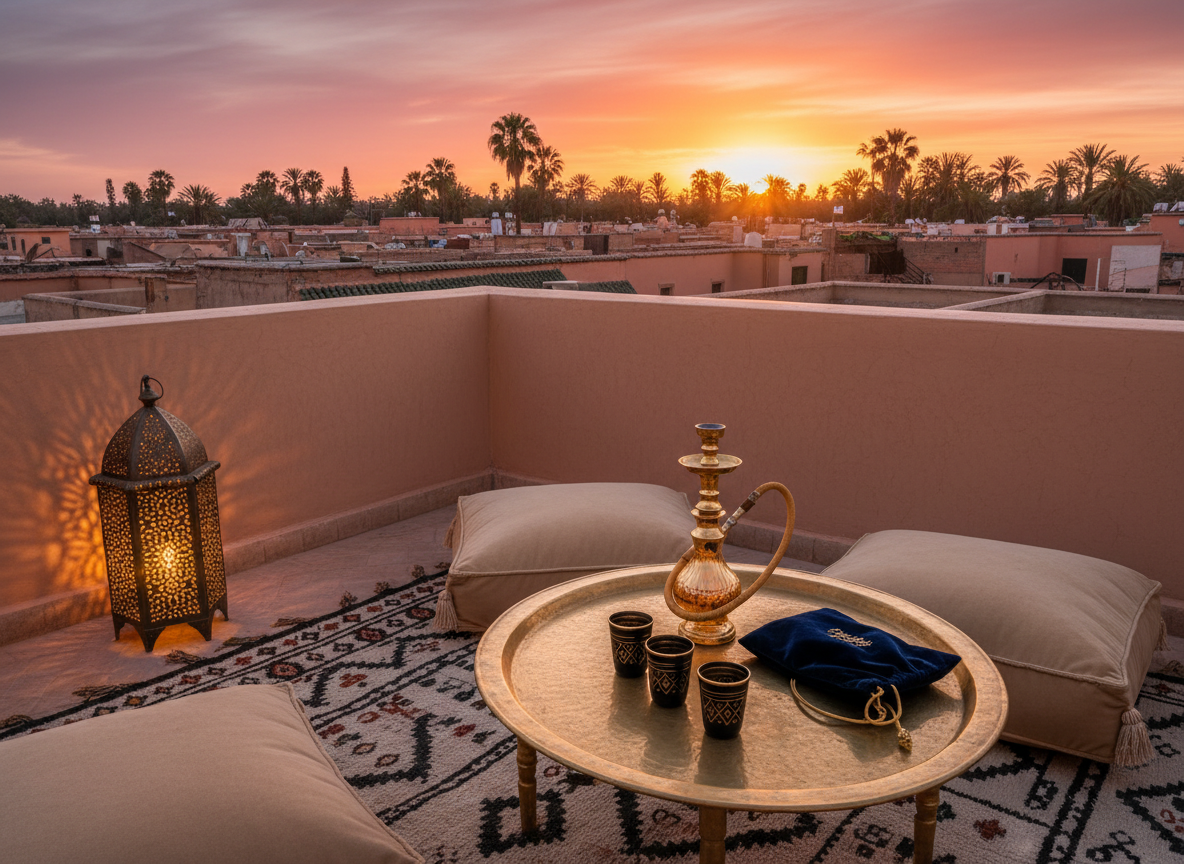 An intimate corner of a private riad rooftop terrace in Marrakech, featuring a low hammered-brass table set with an intricate gold-hookah-shaped perfume bottle, black Moroccan tea glasses rimmed in gold, and a midnight-blue velvet travel pouch. Surrounding the table are oversized sand-colored cushions and a richly patterned Berber rug. Terracotta rooftops and distant palm trees glow under a setting sun, the sky saturated with dusky pinks and burnt oranges. Soft lantern light flickers from a carved metal lamp, casting lace-like shadows on nearby walls. Shot in photographic realism from a slightly elevated angle using the rule of thirds, the composition radiates decadent, secretive luxury with an exotic, rebellious edge.