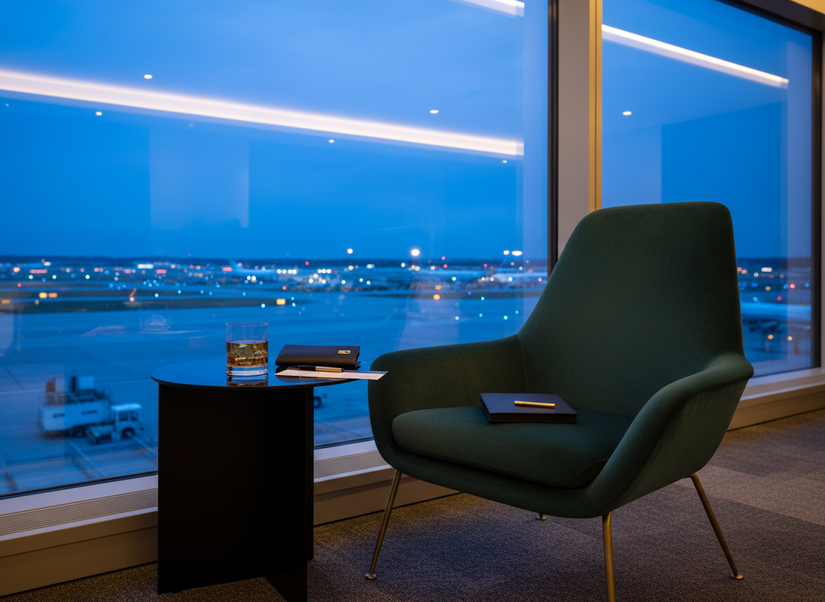 An ultra-modern airport lounge vignette focusing on a single, sculptural dark-emerald velvet armchair with brushed-gold legs, positioned beside a floor-to-ceiling window overlooking a runway at dusk. On the sleek black side table sits a crystal tumbler of smoky whisky, a boarding pass in a custom black-and-gold leather wallet, and a minimalist gold pen resting atop a blank, matte-black travel notebook. Outside, blurred lights from taxiing planes twinkle against an indigo sky. The space is lit by soft, indirect warm lighting and the cool glow from the window, photographed in clean, cinematic realism at eye level with shallow depth of field. The atmosphere feels exclusive, poised, and quietly rebellious, hinting at first-class travel without boundaries.