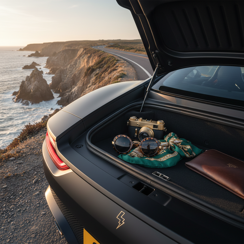 A sleek matte-black sports car mini luggage trunk, open to reveal meticulously arranged luxury travel essentials: a brushed-gold camera, oversized tortoiseshell sunglasses, a silk scarf in deep emerald and gold, and a slim leather pouch embossed with a tiny rebellious lightning bolt. The car is parked cliffside above a wild, undeveloped coastline, with waves crashing against rugged rocks far below. Golden hour sunlight rakes across the scene, catching metallic details and creating dramatic highlights on the car’s curves. Photographic realism with a low, three-quarter angle emphasizing the horizon line and sweeping road behind. The mood is daring, cinematic, and untamed, expressing the freedom of luxe travel without constraints.