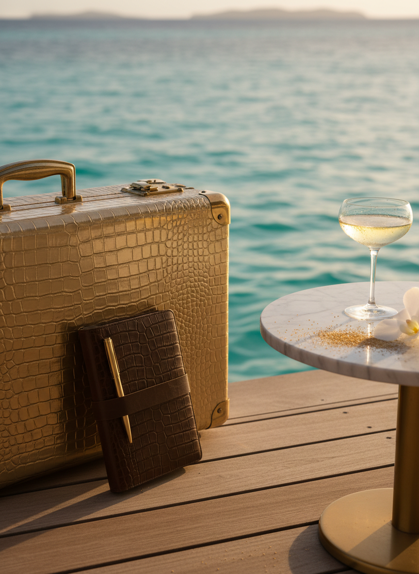 A glimmering champagne-gold vintage suitcase with brass hardware and a crocodile-embossed leather travel journal resting against it, arranged on the private teak deck of an overwater bungalow. Below, turquoise water ripples lazily, catching shards of sunlight. A crystal coupe of chilled champagne stands on a low marble side table beside scattered golden sand and a single white orchid. Late-afternoon golden hour light pours across the scene, casting long, elegant shadows and warm reflections on the suitcase. Photographic realism, shot from a slightly elevated angle using shallow depth of field, with the horizon and distant islands softly blurred to create a mood of sophisticated rebellion and untamed luxury.