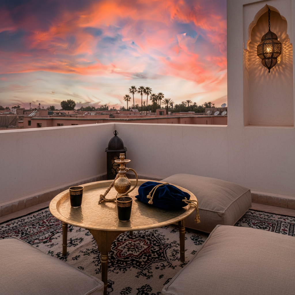 An intimate corner of a private riad rooftop terrace in Marrakech, featuring a low hammered-brass table set with an intricate gold-hookah-shaped perfume bottle, black Moroccan tea glasses rimmed in gold, and a midnight-blue velvet travel pouch. Surrounding the table are oversized sand-colored cushions and a richly patterned Berber rug. Terracotta rooftops and distant palm trees glow under a setting sun, the sky saturated with dusky pinks and burnt oranges. Soft lantern light flickers from a carved metal lamp, casting lace-like shadows on nearby walls. Shot in photographic realism from a slightly elevated angle using the rule of thirds, the composition radiates decadent, secretive luxury with an exotic, rebellious edge.