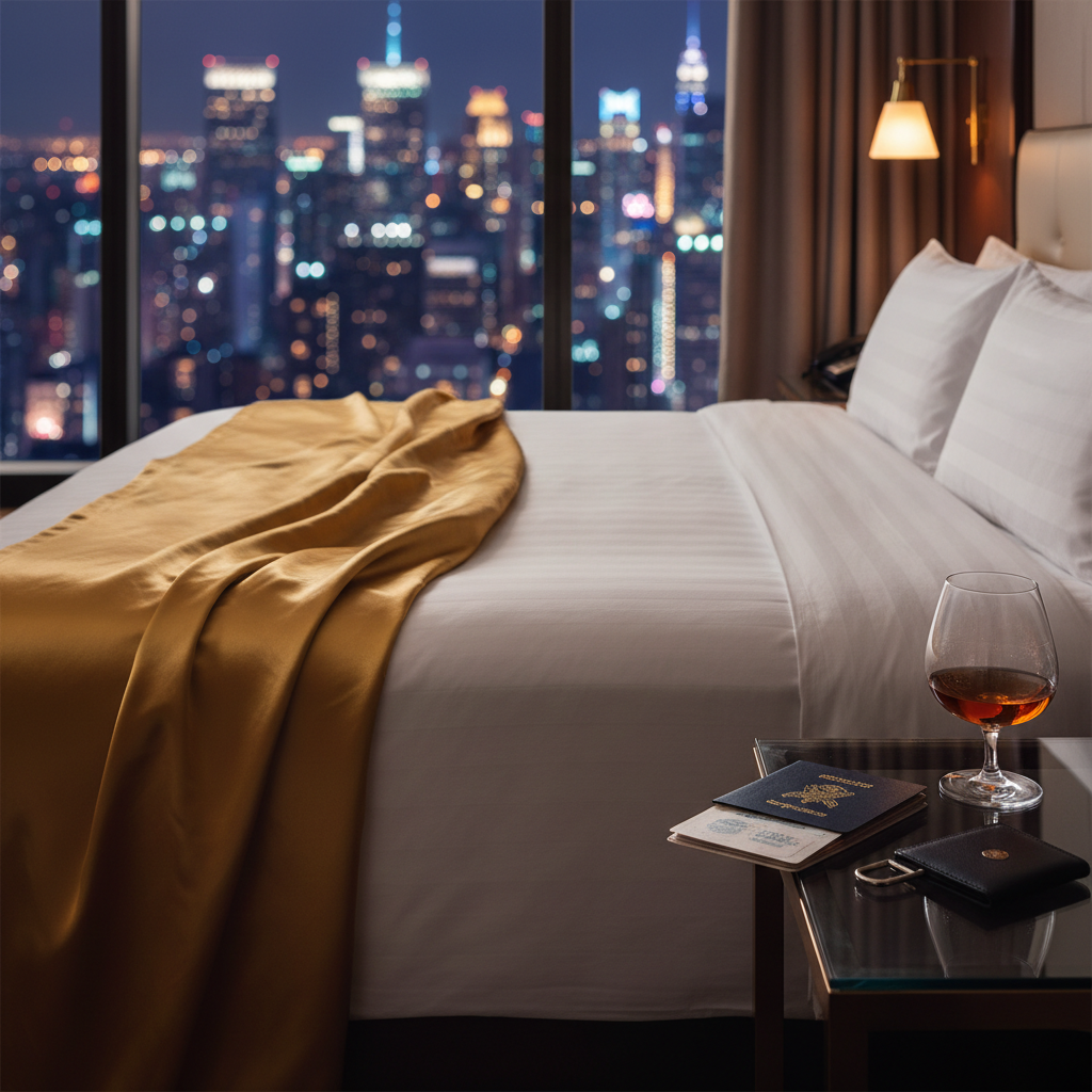 An opulent king-size hotel bed dressed in crisp white Egyptian cotton sheets and a heavy, molten-gold silk throw, slightly rumpled as if just abandoned. On a dark smoked-glass bedside table sits an unlocked passport with gilded edges, a slim black leather key card holder, and a half-finished coupe of amber cognac. Floor-to-ceiling windows reveal a glittering skyline at night, skyscrapers glowing in bokeh. The room is lit by a single warm brass wall sconce and the cool blue of the city lights, creating a cinematic, photographic atmosphere. Captured at eye level with the bed in the foreground, the composition feels intimate, seductive, and rule-defying, embodying high-end, urban luxury escape.
