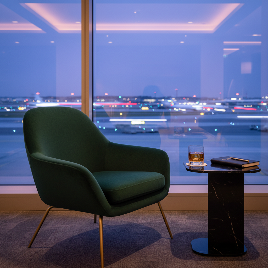 An ultra-modern airport lounge vignette focusing on a single, sculptural dark-emerald velvet armchair with brushed-gold legs, positioned beside a floor-to-ceiling window overlooking a runway at dusk. On the sleek black side table sits a crystal tumbler of smoky whisky, a boarding pass in a custom black-and-gold leather wallet, and a minimalist gold pen resting atop a blank, matte-black travel notebook. Outside, blurred lights from taxiing planes twinkle against an indigo sky. The space is lit by soft, indirect warm lighting and the cool glow from the window, photographed in clean, cinematic realism at eye level with shallow depth of field. The atmosphere feels exclusive, poised, and quietly rebellious, hinting at first-class travel without boundaries.