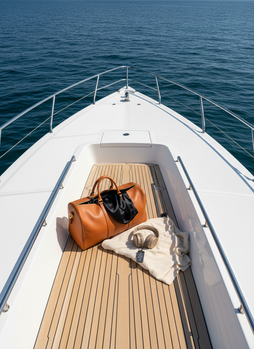 A pristine white yacht bow slicing through deep sapphire water, its polished teak deck gleaming in the afternoon sun. At the center lies a gold-trimmed leather weekender bag in rich caramel, partially unzipped to reveal a glimpse of silky black fabric and a metallic hotel key tag. Next to it, a pair of oversized wireless headphones in matte champagne rests on a folded cashmere throw. Sunlight reflects off the water, creating dancing patterns on the hull and deck. Photographic realism, captured from a low, forward-facing angle that elongates the yacht and emphasizes open sea ahead. The mood is liberating, lavish, and slightly hedonistic, suggesting a spontaneous escape beyond ordinary travel rules.